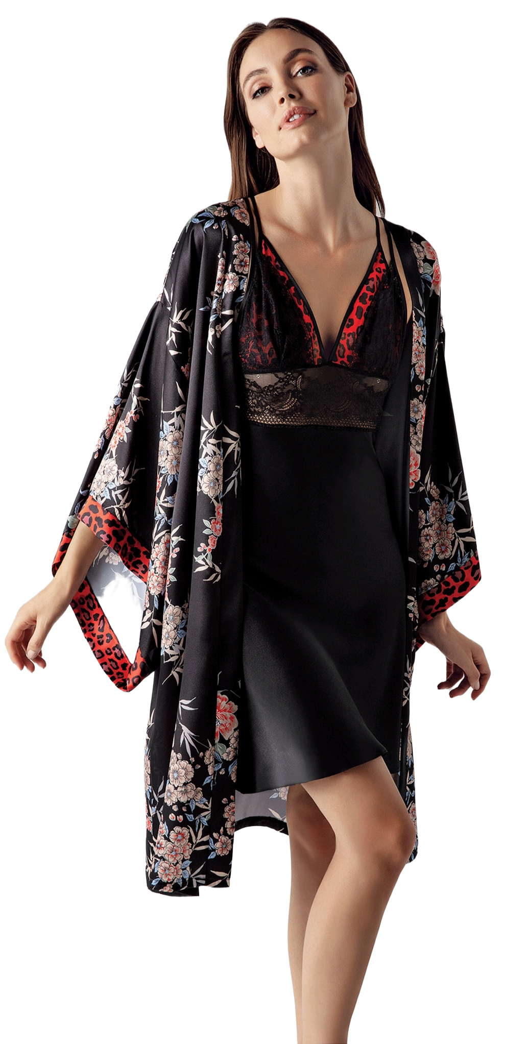 AmoreXY Women's Sleep & Lounge Robe Set | Satin Black Floral with Lace & Lining Bra